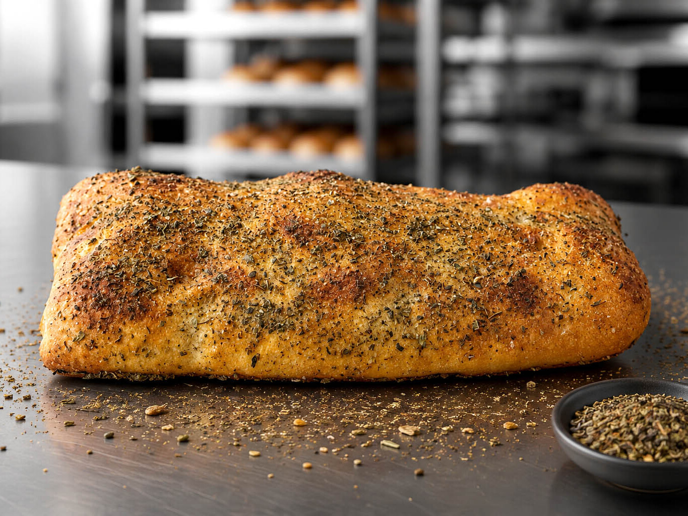 Freshly baked herb focaccia on a metal table in a kitchen setting, with a bowl of seasoning beside it.