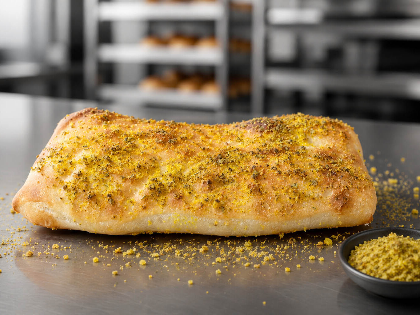 Close-up of a golden focaccia with spice topping on a table, with a bowl of seasoning beside it in a bakery setting.