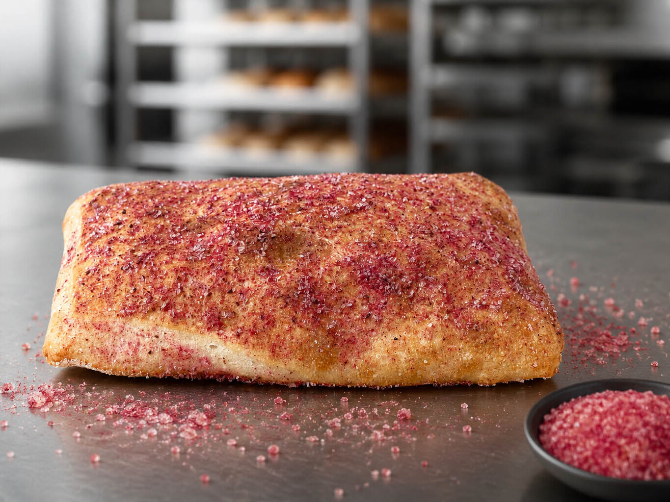 Rustic bread topped with coarse pink sugar crystals on a metal counter, with a small bowl of sugar beside it.