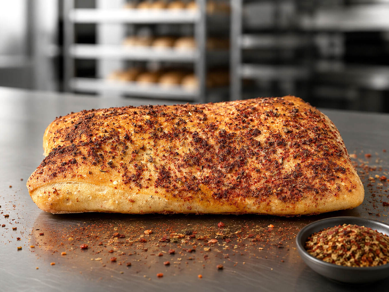 Freshly baked focaccia with herbs and spices on a tray in a bakery setting.